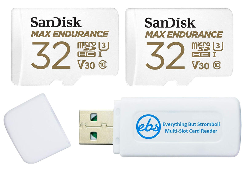 SanDisk MAX Endurance 32GB TF Card MicroSDHC (2 Pack) Memory Card for Dash Cams & Home Security System Video Cameras (SDSQQVR-032G-GN6IA) Bundle with (1) Everything But Stromboli MicroSD Card Reader