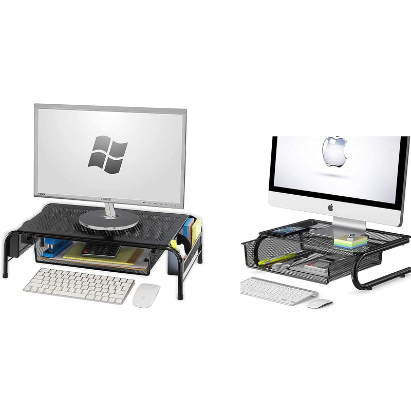 SimpleHouseware Metal Monitor Stand Riser with Drawer + Mesh Monitor Riser with Drawer