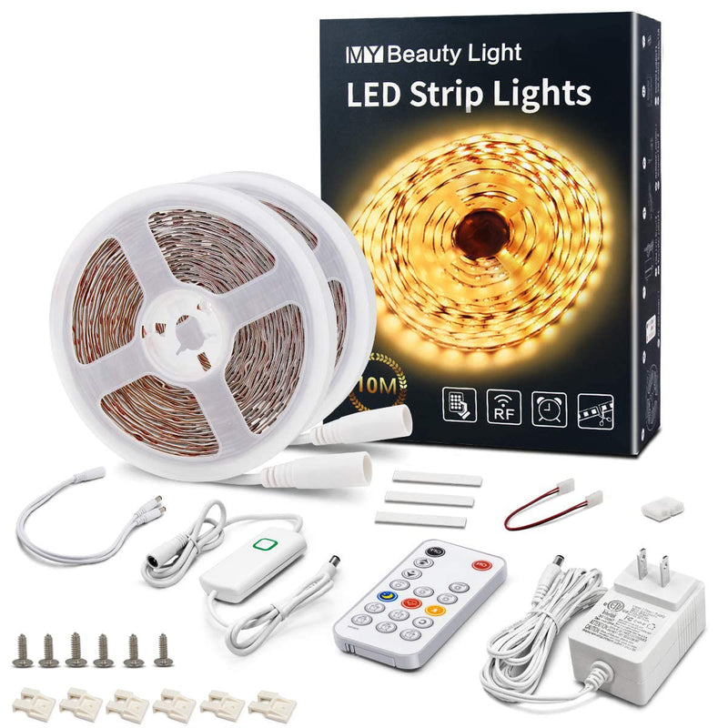 MY BEAUTY LIGHT LED Strip Lights Warm White,32.8ft Dimmable LED Light Strip with RF Remote,600 Bright 3000K 2835 LEDs,Plug-in Adhesive Rope Lights with Timing Mode for Living Room Bedroom Kitchen 32.8ft