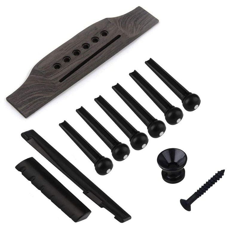 6 String Acoustic Guitar Rosewood Bridge Saddle Nut Pins Set Including Bridge & Six Bridge Pins & End Pin & Saddle and Nut Replacement Parts - Style B,Black