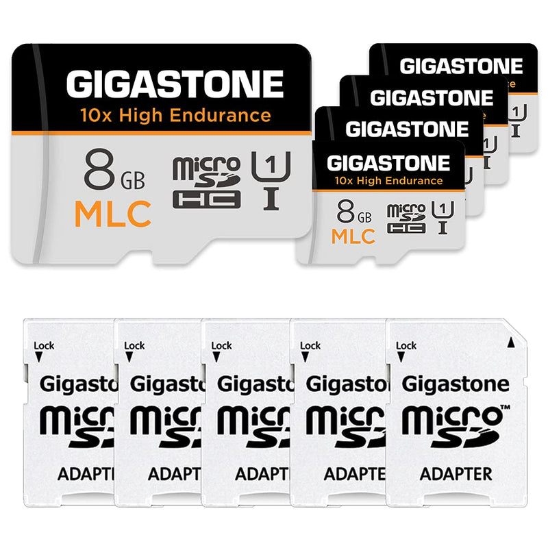 [10x High Endurance] Gigastone 8GB 5-Pack MLC Micro SD Card, Full HD Video Recording, Security Cam, Dash Cam, Surveillance Compatible 85MB/s, U1 C10, with Adapter 8GB MLC 5-Pack