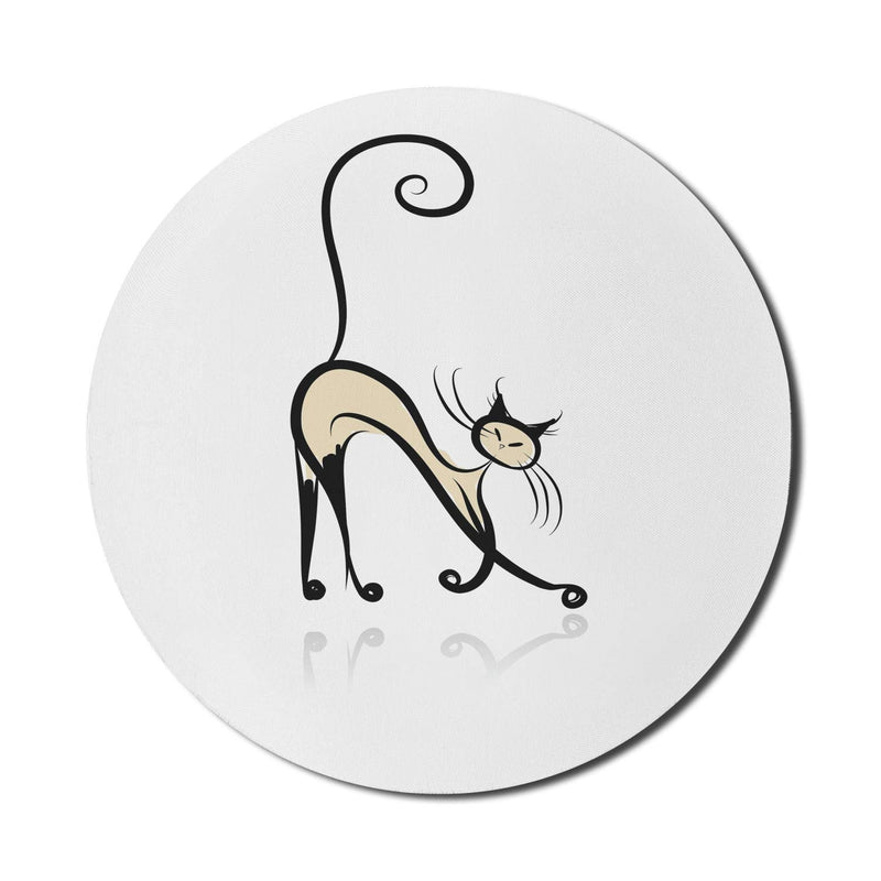 Lunarable Ivory and Black Mouse Pad for Computers, Doodle Siamese Cat Design Oriental House Pet Swirled Tail and Feet, Round Non-Slip Thick Rubber Modern Gaming Mousepad, 8" Round, Ivory and Black