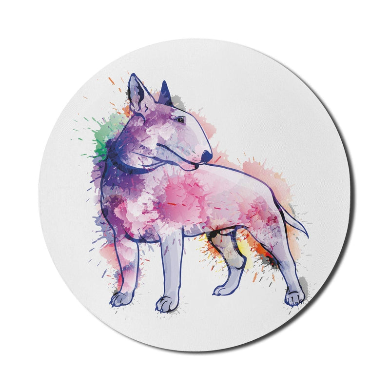 Lunarable Bull Terrier Mouse Pad for Computers, Grunge Dog Illustration in Watercolor Effect Paint Splashes Print, Round Non-Slip Thick Rubber Modern Gaming Mousepad, 8" Round, Fuchsia Multicolor
