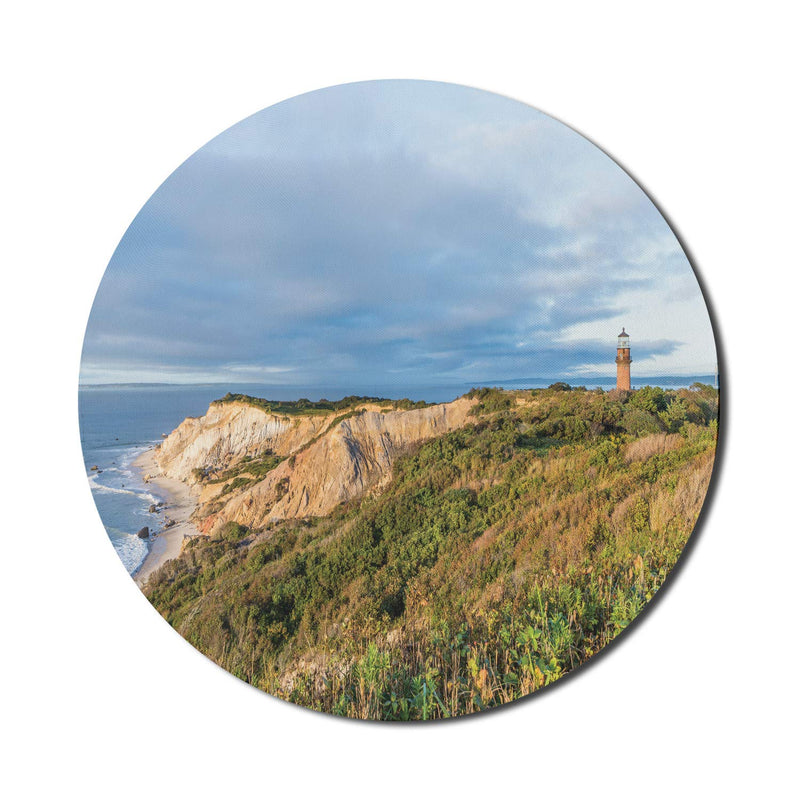 Lunarable Island Mouse Pad for Computers, Image of Gay Head Cliffs and Old Historical Lighthouse at Martha's Vineyard, Round Non-Slip Thick Modern Gaming Mousepad, 8" Round, Khaki Ecru Pale Blue