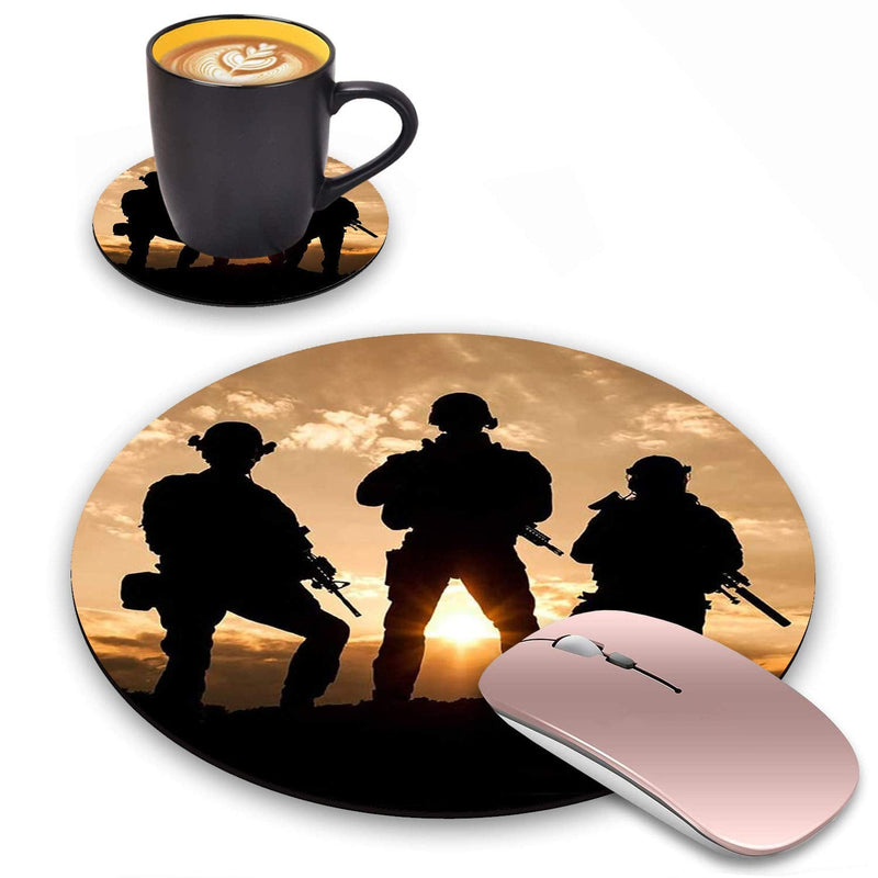 Round Mouse Pad with Coasters Set, American Army Troops Military Design Mouse Pad, Non-Slip Rubber Base Mouse Pads for Laptop and Computer Office Accessories
