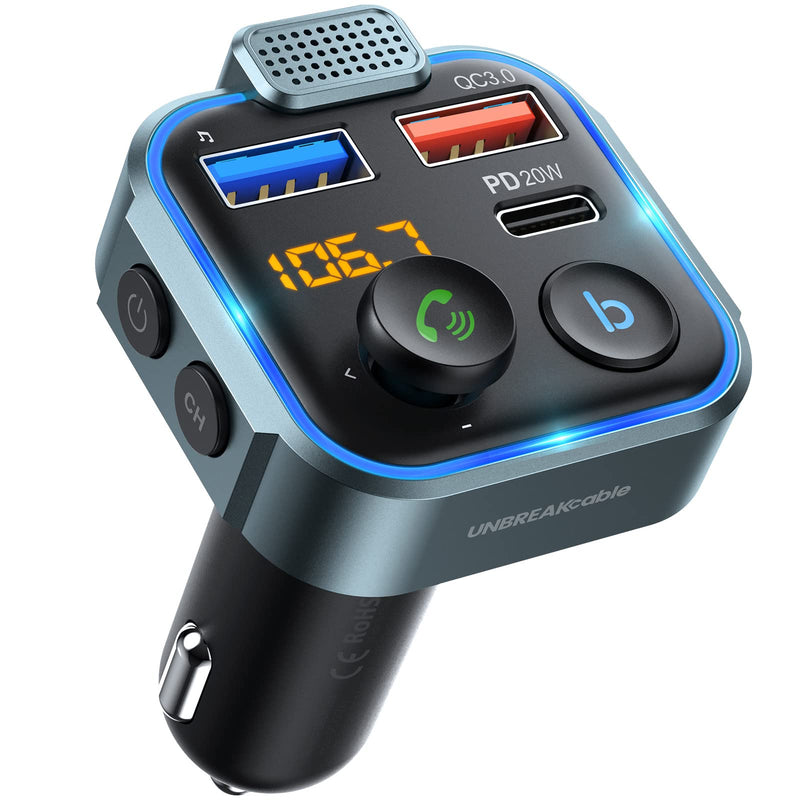 UNBREAKcable Bluetooth 5.3 FM Transmitter for Car, [PD 20W + QC 3.0] [Stronger Microphone & HiFi Bass Sound] Cigarette Lighter Radio Music Adapter Charger, Supports Hands-Free Siri Google Assistant Blue
