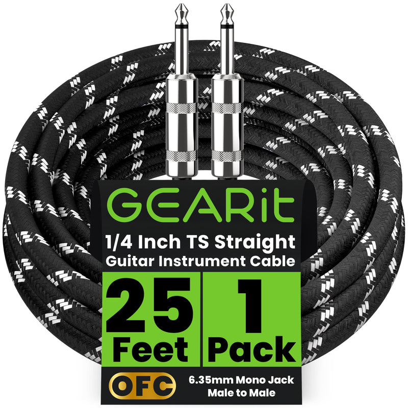 GEARit Audio Instrument Cable (25ft) 1/4 Inch to 1/4 inch Straight Male to Male for AMP Cord, Bass and Electric Guitar - Black/White 25 Feet