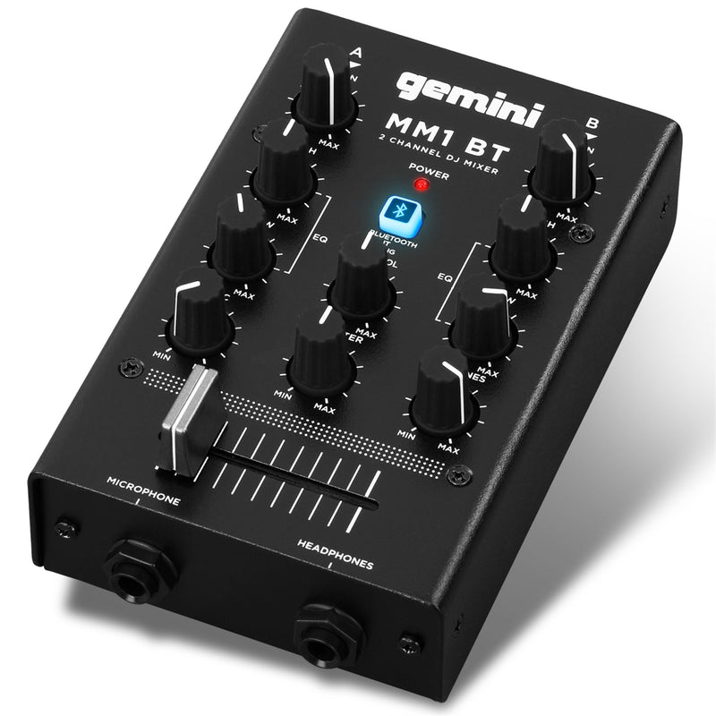 Gemini Portable Bluetooth DJ Mixer – 2-Channel Mini Audio Mixer with Wireless Input, RCA, Mic & Headphone Jacks, EQ & Crossfader – Compact DJ Mixer Board for Beginners & Mobile DJs (MM1BT) MM1BT