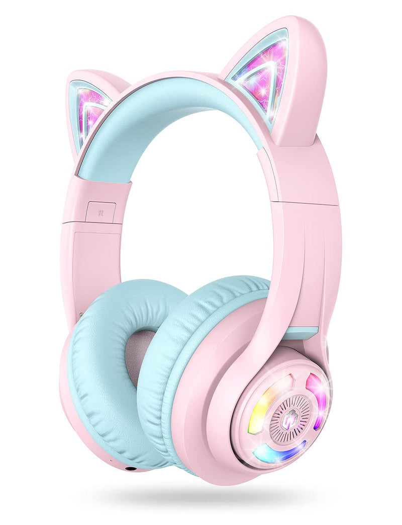 iClever Cat Ear Kids Bluetooth Headphones, LED Lights Up, 74/85/94dB Volume Limited, 50H Playtime,Bluetooth 5.2, USB C, Kids Headphones Wireless for Travel iPad Tablet, Meow Macaron (Pink) Pink
