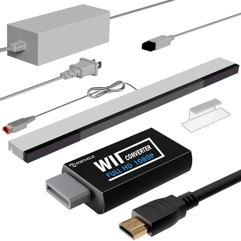 [AUSTRALIA] - PORTHOLIC 4 in 1 Wii Replacement Cables Set, Wii AC Power Adapter + Wii to hdmi Converter+ Wired Motion Sensor Bar and Composite Audio Video Cable for Nintendo Wii Black 