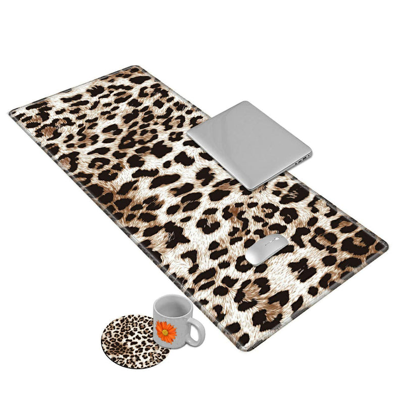 Desk Mat Gaming Mouse pad for Laptop, Leopard Fur Customized Design Printed Desk pad, Home Office Accessories, with Sunflower Coasters and Cute Stickers