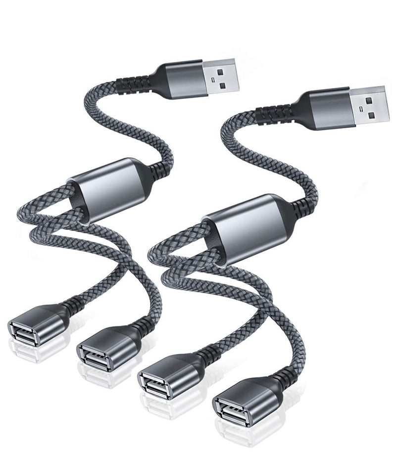 USB Splitter Y Cable 1FT (2-Pack),USB A 1 Male to 2 Female Extension Cord Converter,Dual Double USB Port Extender Hub Data Charger Power Split Adapter for Mac,Car,Xbox One Series X/S,PS4,PS5,Laptop Gray