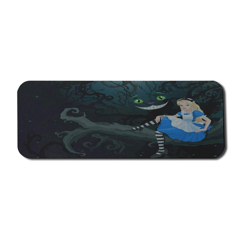Ambesonne Alice in Wonderland Computer Mouse Pad, Alice Sitting on Branch and Chescire Cat in Darkness Cartoon Style, Rectangle Non-Slip Rubber Mousepad Large, 31" x 12" Gaming Size, Dark Green