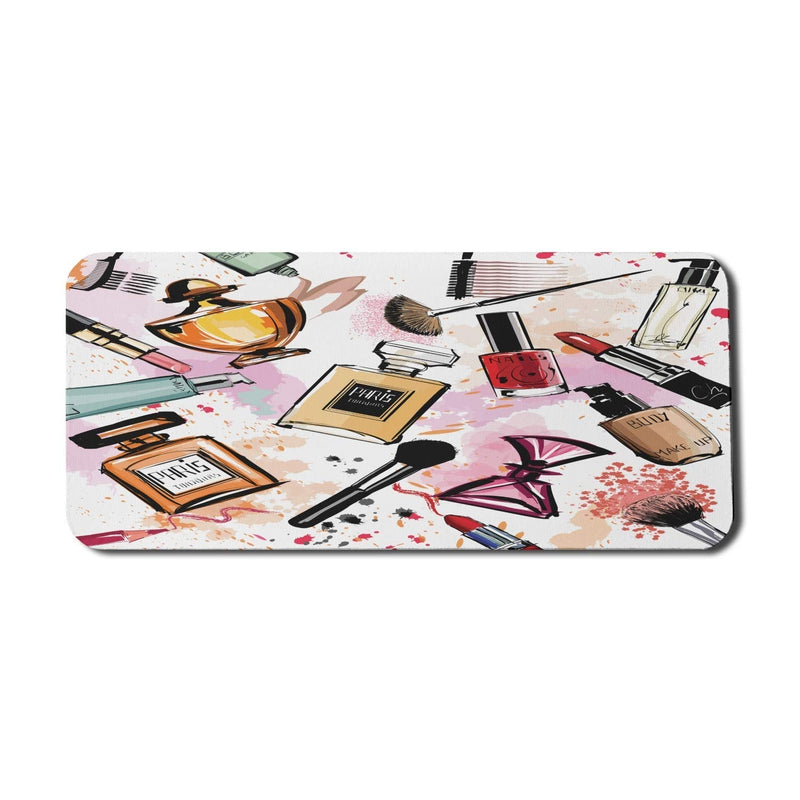 Ambesonne Fashion Computer Mouse Pad, Cosmetic and Makeup Theme Pattern Perfume Lipstick Nail Polish Brush Modern, Rectangle Non-Slip Rubber Mousepad X-Large, 35" x 15" Gaming Size, Coral White