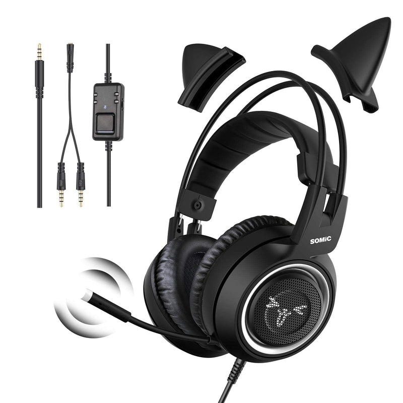 [AUSTRALIA] - SOMIC Stereo Gaming Headset with Mic for PS4, PS5, Xbox One, PC, Mobile Phone, 3.5MM Sound Detachable Cat Ear Headphones Lightweight Self-Adjusting Over Ear Office Headphones G951S Black 