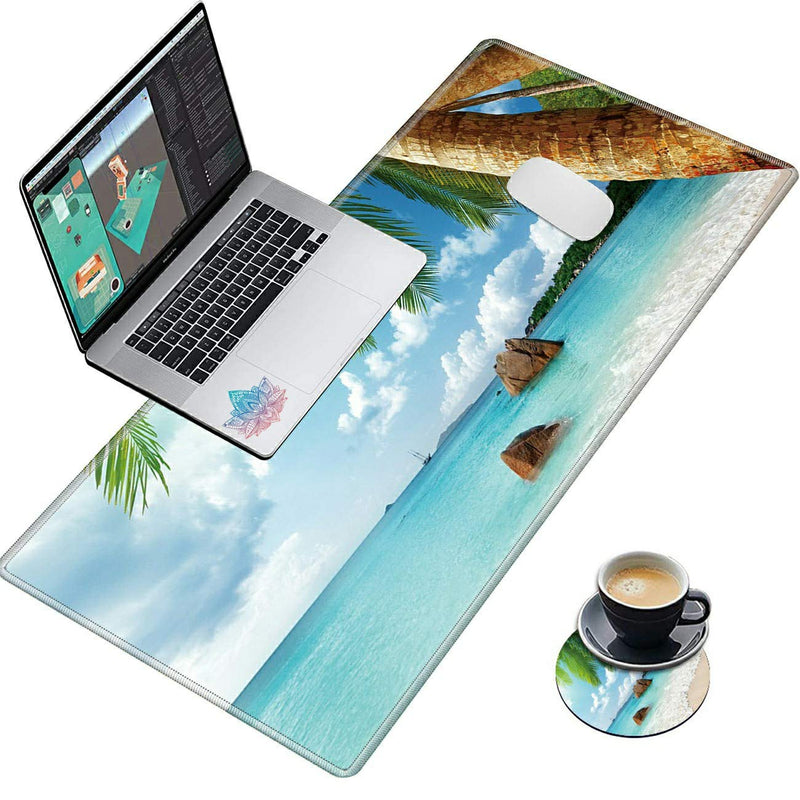 Desk Mat, Multifunctional Desk Pad for Keyboard and Mouse, with Cute Coasters and Mandala Stickers with Stitched Edges Non Slip Base Laptop Mouse pad for Office and Home, Seaside Tropical Palm Tree