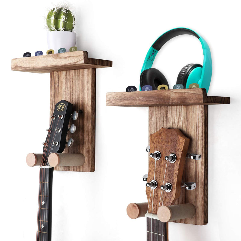 Keebofly 2-Pack Guitar Wall Mount Hanger with Shelf & Pick Holder - Wood Wall Hook for Acoustic, Electric, Bass Guitars, Ukulele (Screw-Mounted, Brown) [Patented]