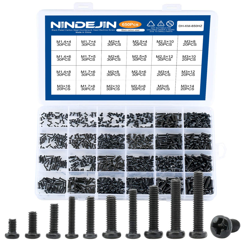 NINDEJIN 650 pcs M1.4 M1.7 M2 M2.5 M3 Round Pan Head Laptop Mini Screw Kit | Carbon Steel, Laptop Computer Screw, for Repairing Most Computers, for Sports Equipment; Lawnmowers; Blowers, Mini Screw Set