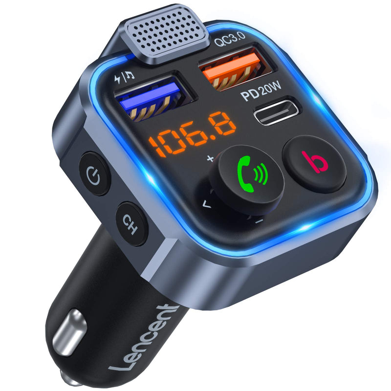 LENCENT FM Transmitter in-Car Adapter,Type-C PD 20W+ QC3.0 Fast USB Charger, Wireless Bluetooth 5.0 Radio Car Kit,Hands Free Calling, Mp3 Player Receiver Hi Fi Bass Support U Disk Blue-38W