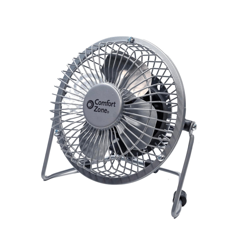 Comfort Zone Mini Portable Desk Fan with 360-Degree Adjustable Tilt, Dual Powered (USB or Power Cord), 4 inch, All-Metal Construction, Airflow 3.31 ft/sec, Ideal for Home, Bedroom & Office, CZHV4S Silver
