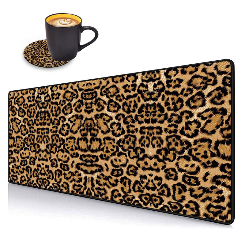 Desk Pad Mat Gaming Mouse Pads with Coasters Set, Stitched Edges Design Mouse Pad XXL Large Mouse Pad for Laptop Computers Leopard Print Desk Writing Mat for Office & Home 31.5"x 11.8"