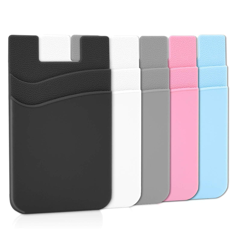 Senose Phone Wallet, Card Holder for Back of Phone Stick on Phone Cases Great Storage Compatible for iPhone/Android/Samsung Galaxy Pack of 5 Black+White+Gray+Pink+Light Blue