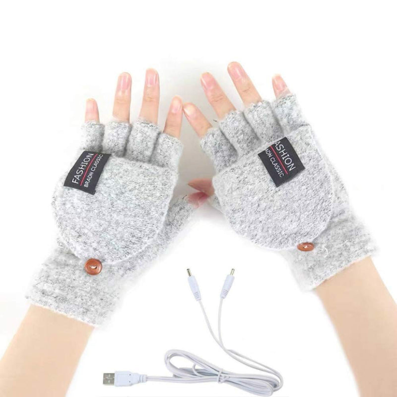 Women's & Men's USB Heated Gloves Knitting Hands Full & Half Heated Fingerless Heating Warmer with Button Washable Design, Mitten Winter Hands Warm Laptop Gloves Gray