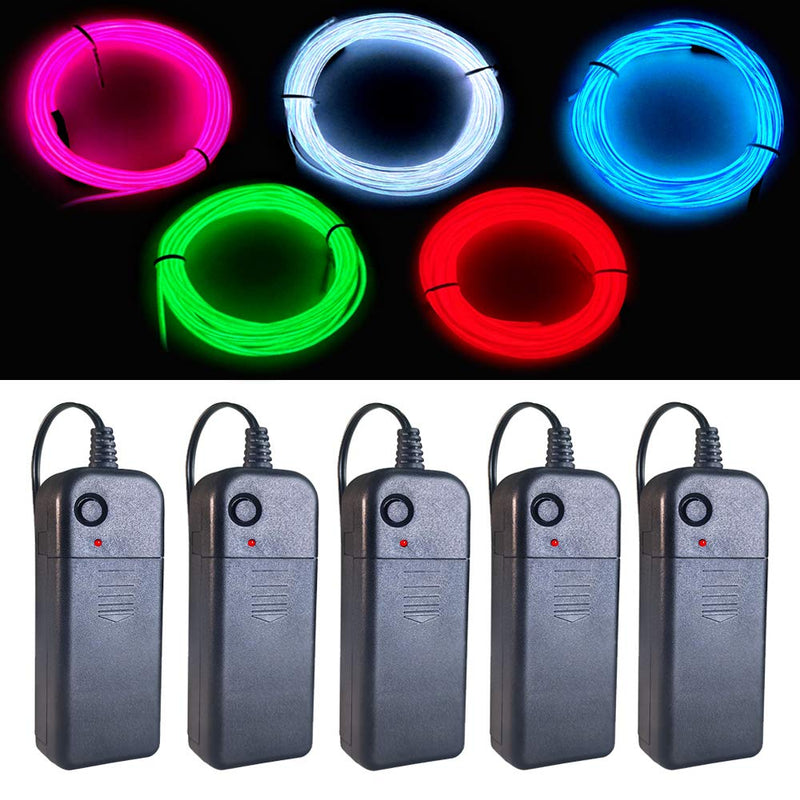 EL Wire 5 Pack, 9ft Neon Light Wire Noise Reduction with Battery Pack(Green, Blue, Red, White, Pink)â€¦ (9ft)