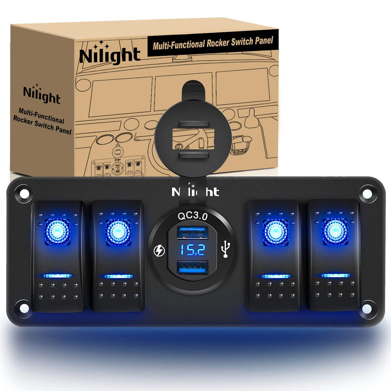 [AUSTRALIA] - Nilight 4 Gang Rocker Switch Panel with QC3.0 Dual USB Charger Voltmeter Waterproof and Night Glow Stickers 12V-24V DC for Cars Trucks Boats RV Blue 4+1 Gang Dual USB 