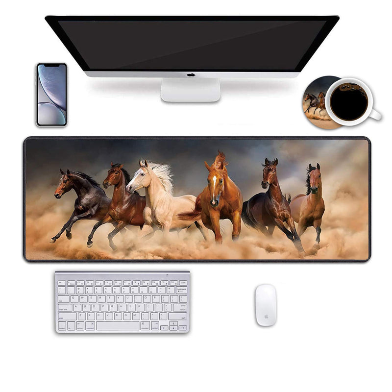 Desk Pad Mat Gaming Mouse Pads with Coasters, Office Desk Mat 31.5" ×11.8" Large Gaming Mouse Pad Durable Extended Computer Mouse Pad with Non-Slip Rubber Base for Office & Home (Galloping Horse) Galloping Horse