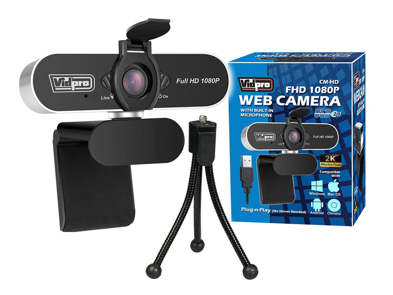 Vidpro CM-HD 1080P Full HD Webcam with Built-in Microphone and Mini Tripod - Plug and Play 85-Degree FOV USB Webcam with Noise Canceling Filter Perfect for Video Calls Meetings Live Streaming Gaming