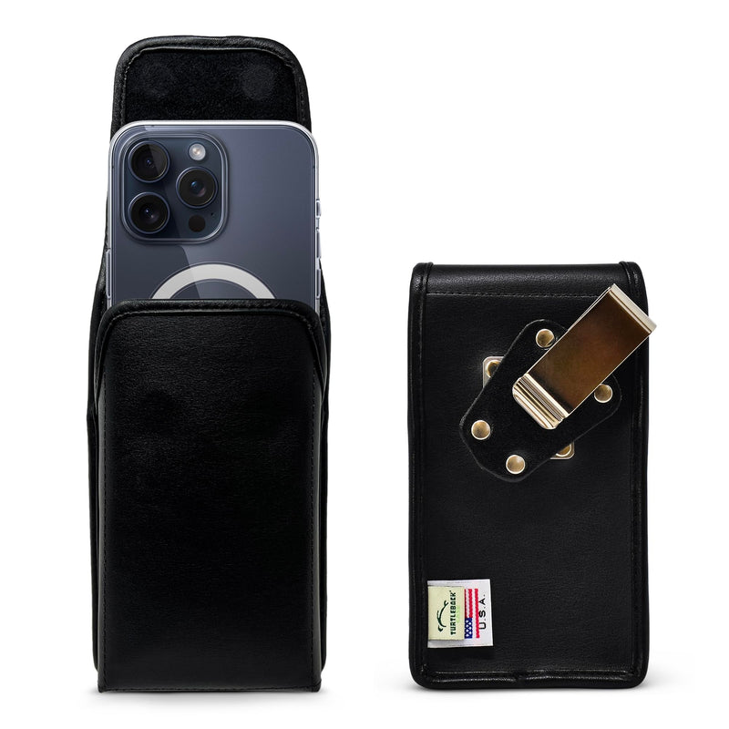 Turtleback Premium Leather Phone Holster for iPhone 16 Pro Max, 15 Pro Max, 14 Pro Max, 13 Pro Max – Black Phone Belt Holder Fits Slim Cases – with Exclusive Metal Belt Clip, Magnetic Closure Small Vertical - Leather w/ Rotating Clip