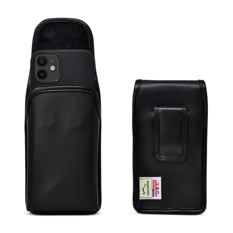 Turtleback Belt Clip Designed for iPhone 12 & 13 Mini Vertical Holster Case Black Leather Pouch with Executive Clip, Small Vertical - Leather w/ Leather Clip