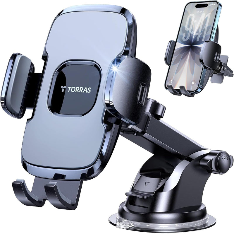 TORRAS Proven & Safer Eye-Level Car Phone Holder Mount for iPhone/Android | 96+LBS Strongest Suction Phone Holders for Your Car, Patent & Safety Certs Cell Phone Car Mount for Dashboard Windshield Vent Gray