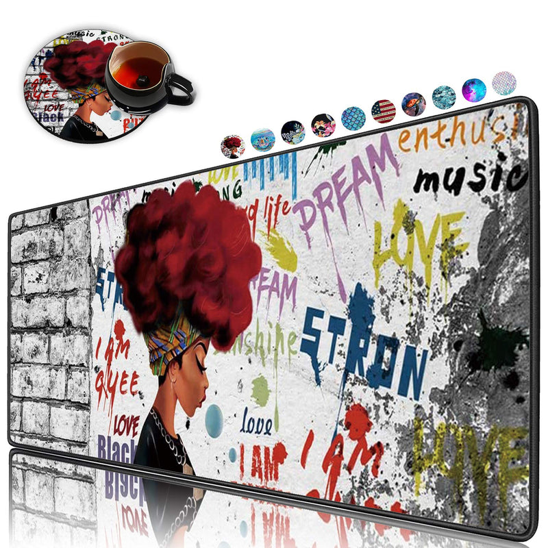 Extended Gaming Mouse Pad and Coaster,Large Non-Slip Rubber Base Mousepad with Stitched Edges,Waterproof Mouse Mat Desk Pad for Work,Office,Home -African Black Woman Graffiti Girls with Red Hair Ya-mousepad-5-1