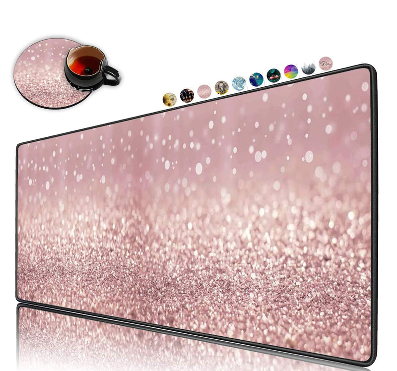 Extended Gaming Mouse Pad and Coaster, Large Non-Slip Rubber Base Mousepad with Stitched Edges, Waterproof Mouse Mat Desk Pad for Work, Game, Office, Home -Rose Gold Rainbow Glitter Ya-mousepad-5-33