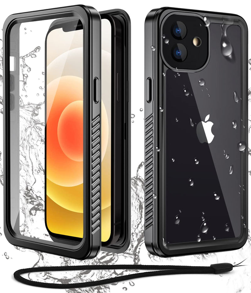 WIFORT for iPhone 12 Mini Waterproof Case Built-in Screen Protector Water Resistant Cover Protective Drop Protection Hard, Shockproof Full Body Defender Tough Military Grade - 5.4" Black