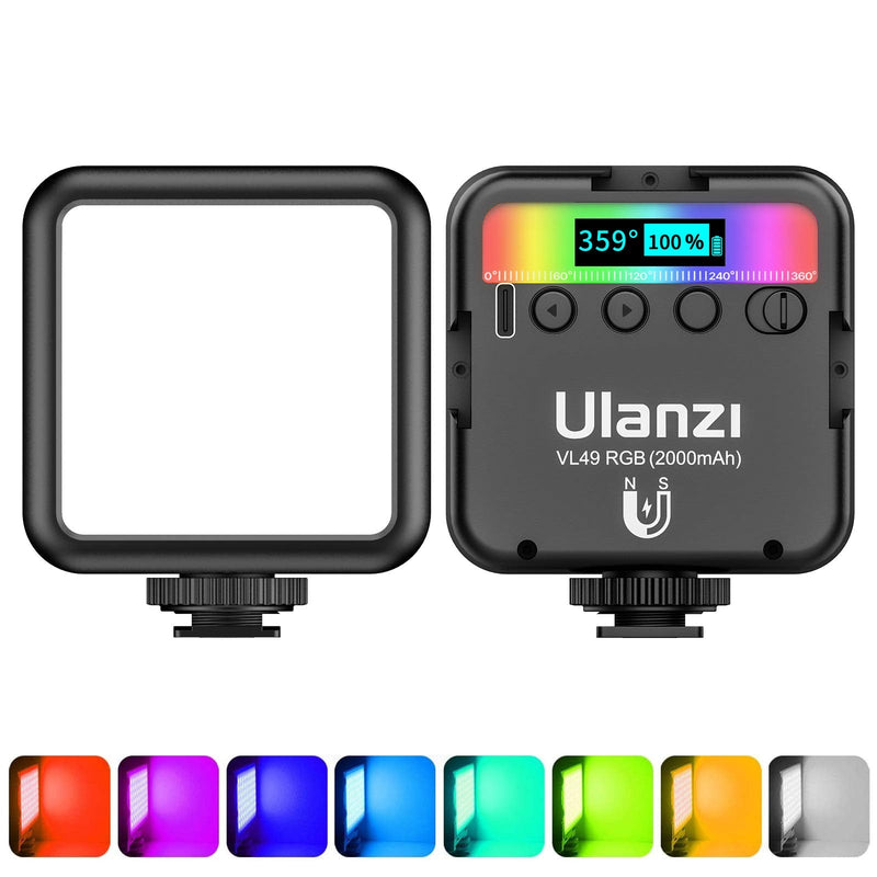 ULANZI VL49 RGB Video Lights, LED Camera Light 360° Full Color Portable Photography Lighting w 3 Cold Shoe, 2000mAh Rechargeable CRI 95+ 2500-9000K Dimmable Panel Lamp Support Magnetic Attraction Black