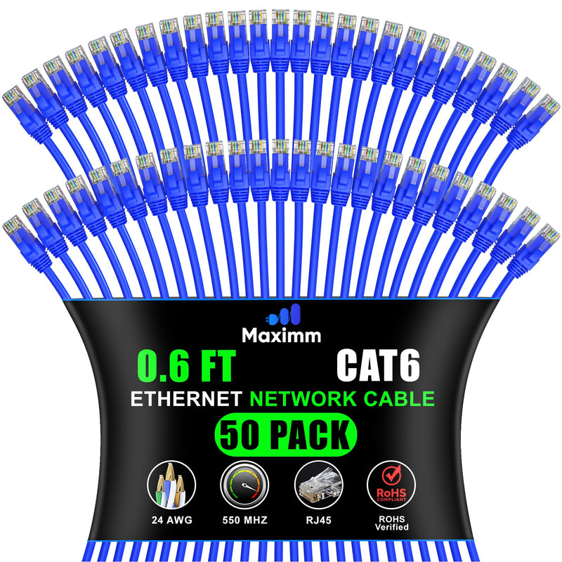 Maximm Cat6 Ethernet Cable 0.6 Ft, 10 Gbps 550 MHz, Snagless RJ45, Blue, 50 Pack 0.6 Foot