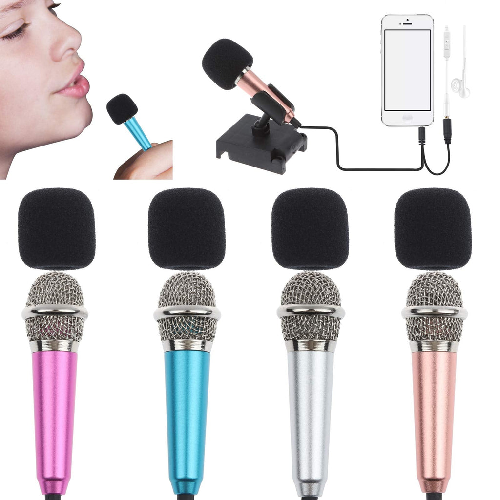 4Pcs Mini Microphone Mini Karaoke Microphone for Voice Recording, Portable Microphone Chatting and Singing Compatible with Smartphone iPhone, iPad, Laptop 4 colors+plastic stand