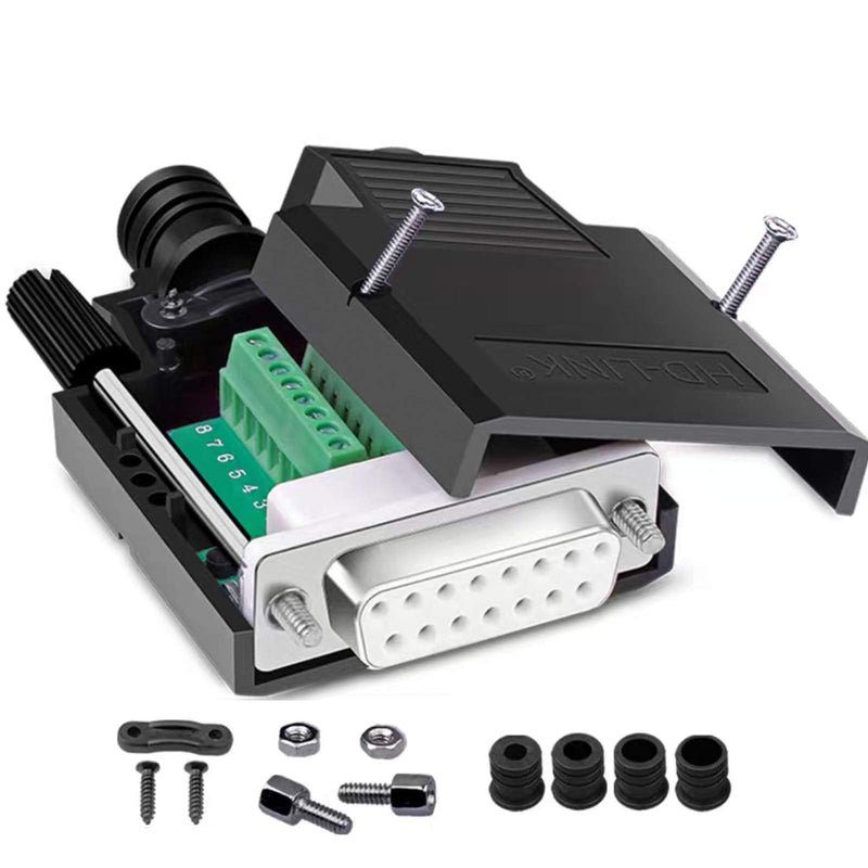 Jienk DB15 Solderless Female RS232 D-SUB Serial Adapters, 16mm thinner 15 Pin Port Terminal Solderfree Breakout Board Connector with Case Accessories