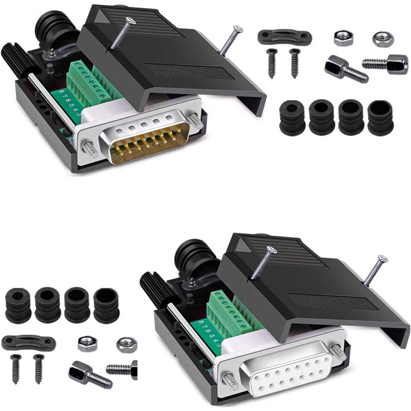 Jienk DB15 Solderless Male Female RS232 D-SUB Serial Adapters, 16mm thinner 15 Pin Port Terminal Solderfree Breakout Board Connector with Case Accessories M/F