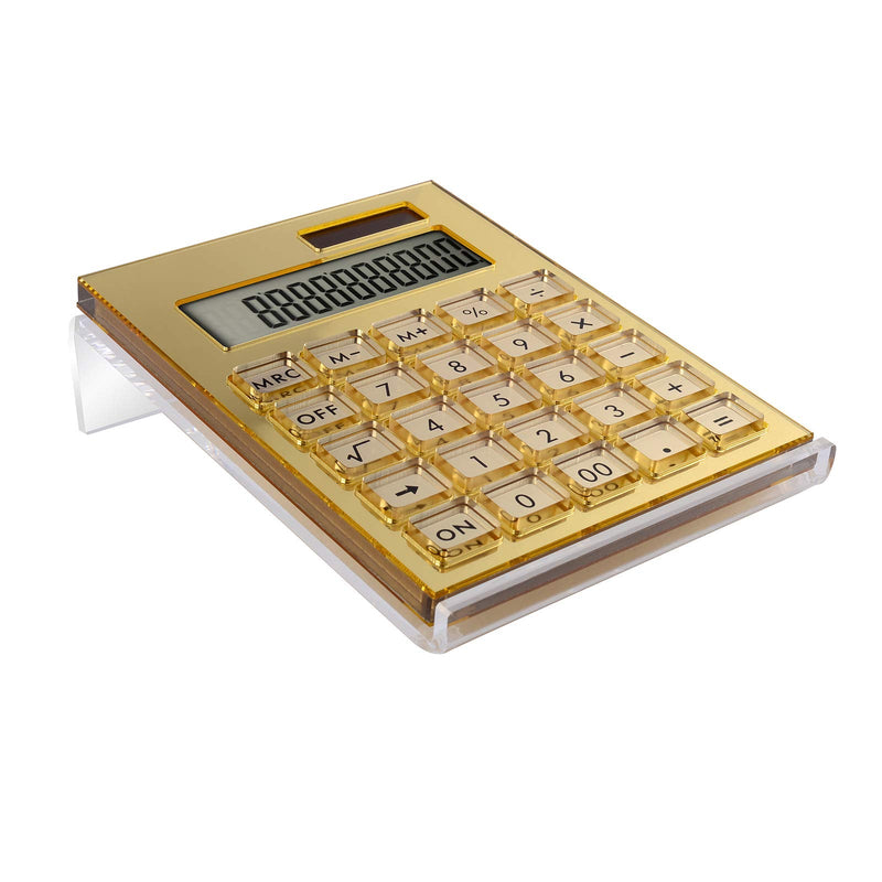 Acrylic Calculator with Stand, Battery and Solar Hybrid Powered Basic Calculator 12-Digit LCD Display,Home Office Desktop Accessories(Gold) Gold
