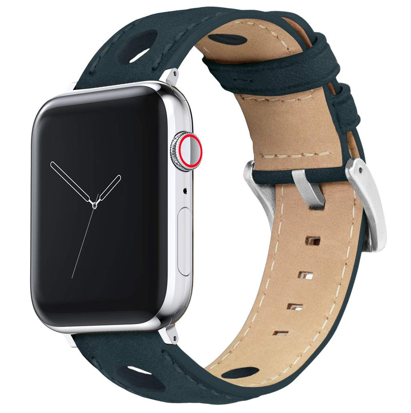 BARTON WATCH BANDS - Horween Leather Watch Bands Compatible with Apple Watch Models - 1, 2, 3, 4, 5, 6, 7, 8, 9, 10, SE, Ultra & Ultra 2 Navy Blue (Rally Style) Large Apple Watch (42mm/44mm/45mm/49mm)