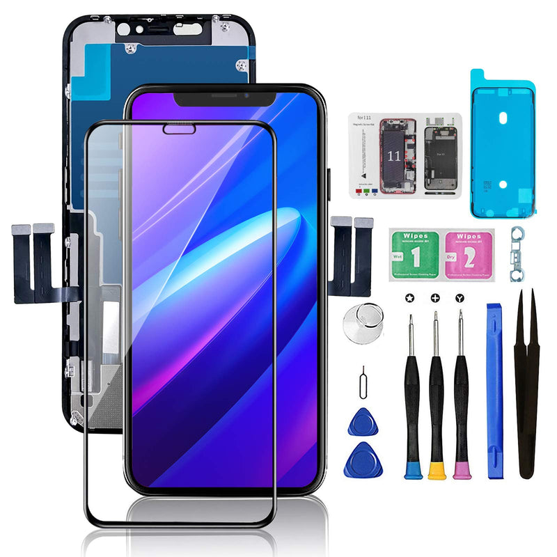 for iPhone 11 Screen Replacement 6.1 3D Touch Screen LCD Display Digitizer for A2111, A2223, A2221 Cell Phone Repair Kits+ Waterproof Frame Adhesive Sticker+Screen Tempered Protector+Face ID 11-6.1inch