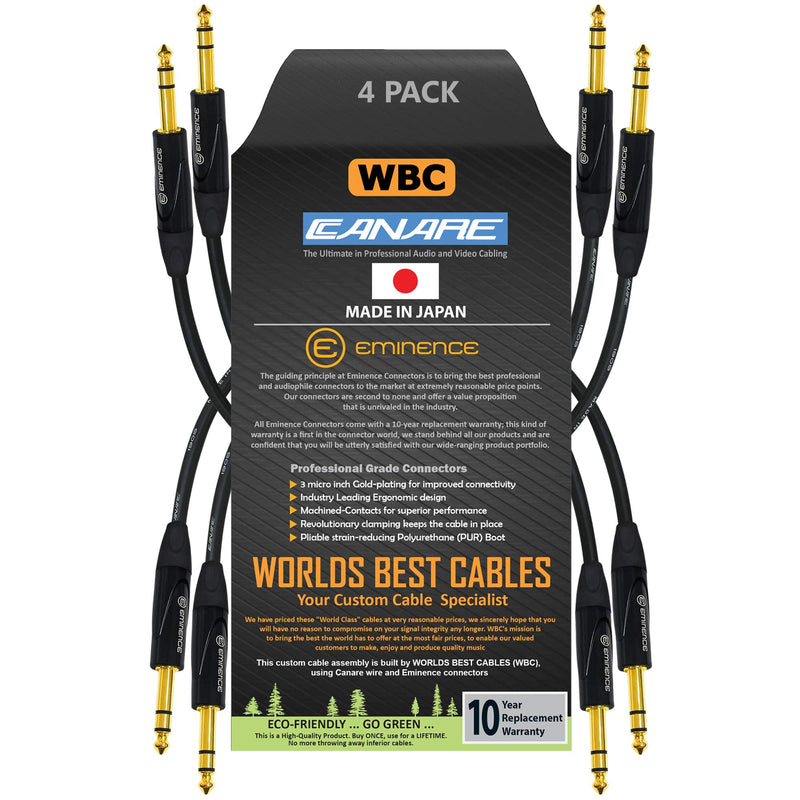 WORLDS BEST CABLES 4 Units - 6 Inch - Canare L-4E6S, Star Quad Balanced TRS Patch Cable with Eminence Gold E502 TRS Stereo Plugs - Custom Made