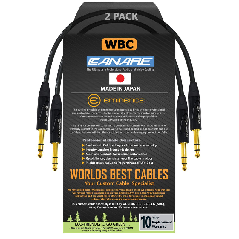 [AUSTRALIA] - WORLDS BEST CABLES 2 Units - 1 Foot - Canare L-4E6S, Star Quad Balanced TRS Patch Cable with Eminence Gold E502 TRS Stereo Plugs - Custom Made 