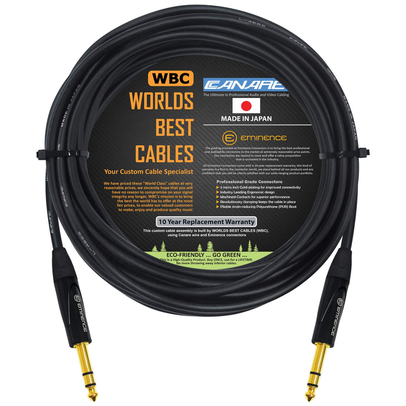 WORLDS BEST CABLES 18 Foot - Canare L-4E6S, Star Quad Balanced TRS Patch Cable with Eminence Gold E502 TRS Stereo Plugs - Custom Made