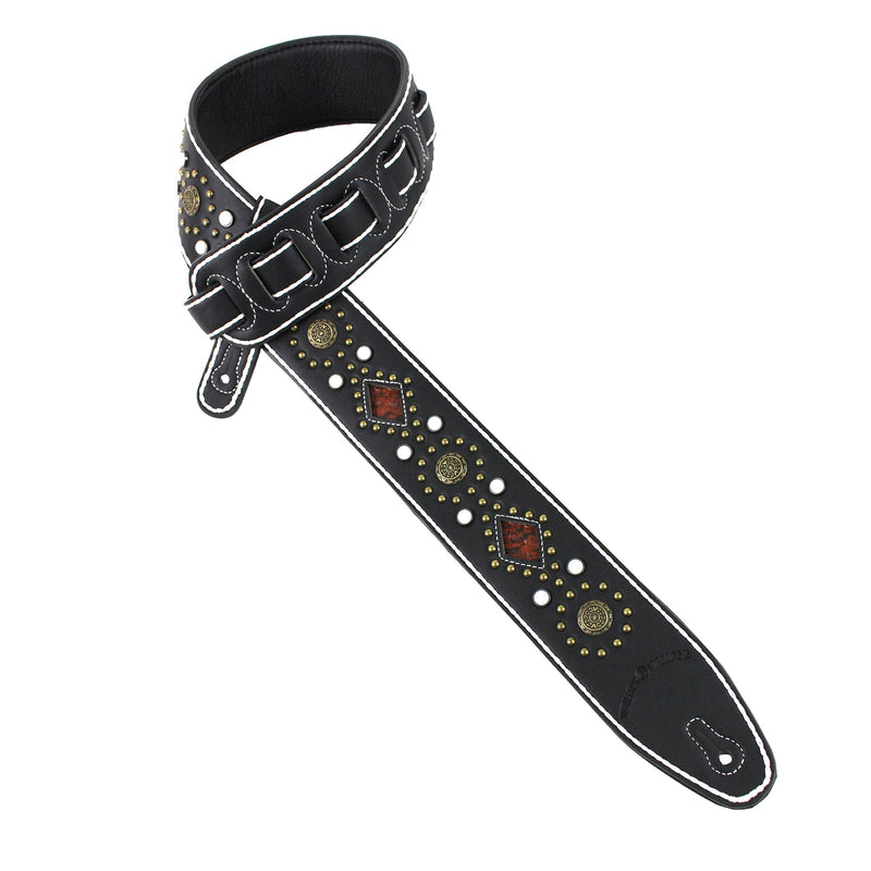 [AUSTRALIA] - Walker And Williams GTR-20-WHT Sedona Special Premium Black Padded Guitar Strap With White Stitching Brass Studs & Rivets For Acoustic, Electric, And Bass Guitars 