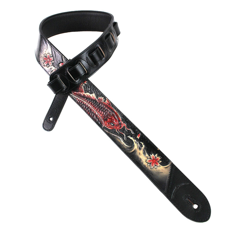 [AUSTRALIA] - Walker And Williams KB-24 Black & Ruby Red 2" Premium Carved Grain Leather Guitar Strap With Koi Fish Design For Acoustic, Electric, And Bass Guitars 